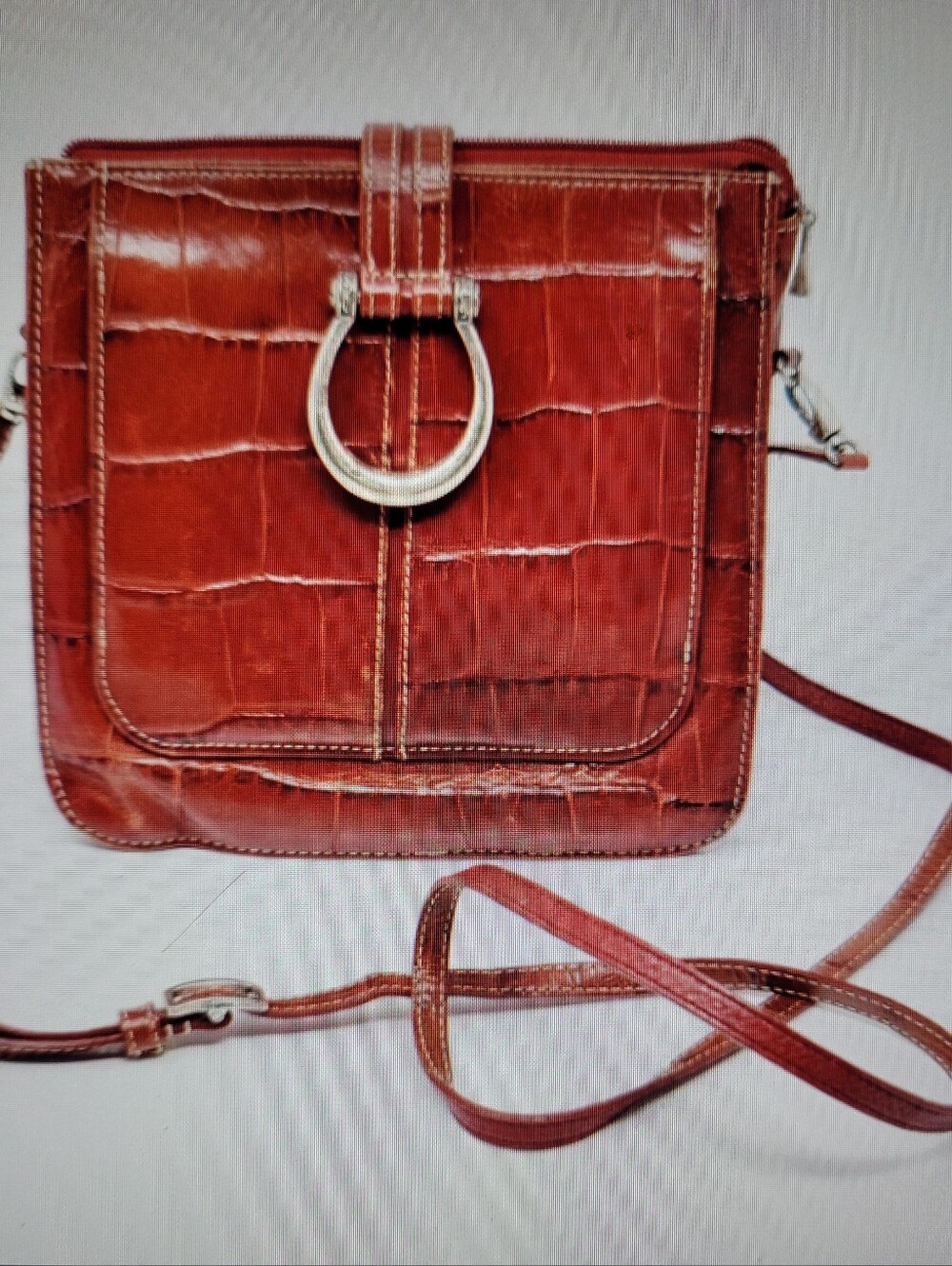 Brighton Croc-Embossed Brown Leather Crossbody with Silver Ring
